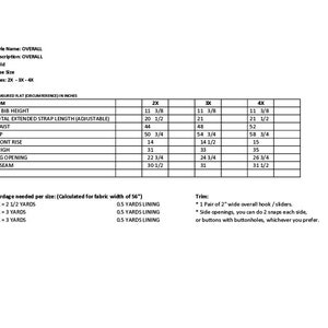 May include: A chart with measurements for an overall garment in sizes 2X, 3X, and 4X. The chart includes measurements for the bust, bib height, total extended strap length, waist, hip, front rise, thigh, leg opening, and inseam. The chart also includes yardage needed per size and trim details.