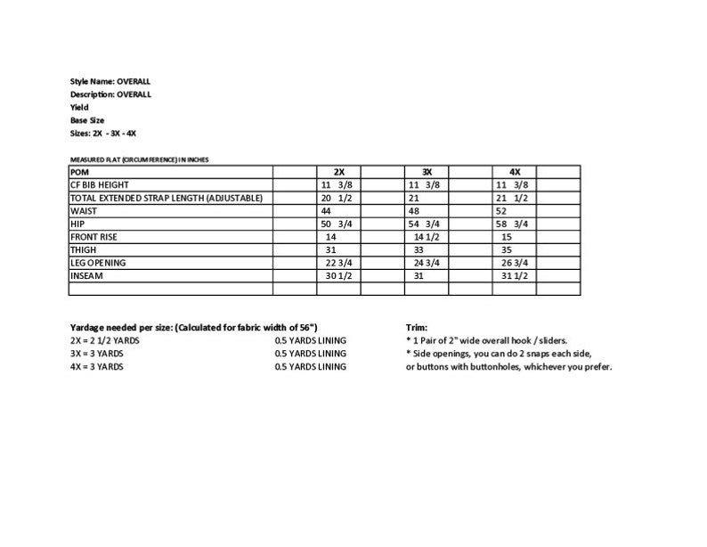 May include: A chart with measurements for an overall garment in sizes 2X, 3X, and 4X. The chart includes measurements for the bust, bib height, total extended strap length, waist, hip, front rise, thigh, leg opening, and inseam. The chart also includes yardage needed per size and trim details.