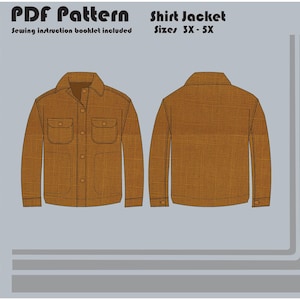 Puede incluir: Un patrón de costura para chaqueta de camisa marrón en formato PDF. El patrón incluye las tallas 3X - 5X. Se incluyen las instrucciones de costura.