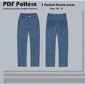 May include: A sewing pattern for 5 pocket denim jeans, sizes 28-31. The pattern includes a sewing instruction booklet.