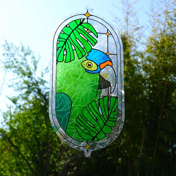 Vitral de imitación de conure de media luna / Adhesivo atrapasol / Adhesivo para ventana atrapasol vibrante