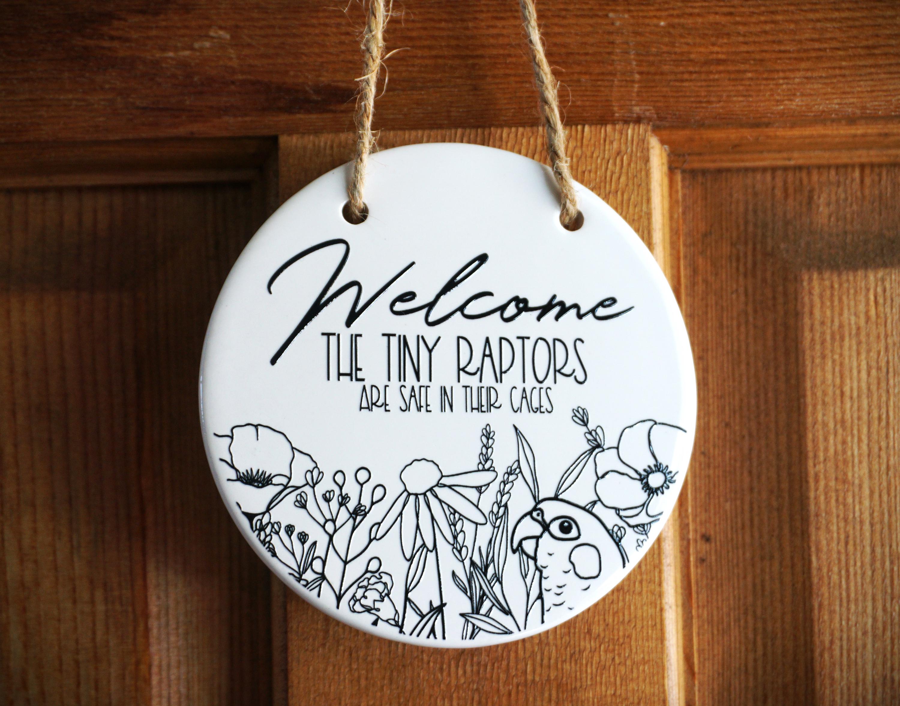 Ceramic Welcome Sign with Green Cheek Conure Line Art - Unique Home Decor