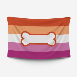 May include: A lesbian pride flag with a white bone-shaped symbol in the center. The flag has five horizontal stripes: orange, peach, white, pink, and purple.