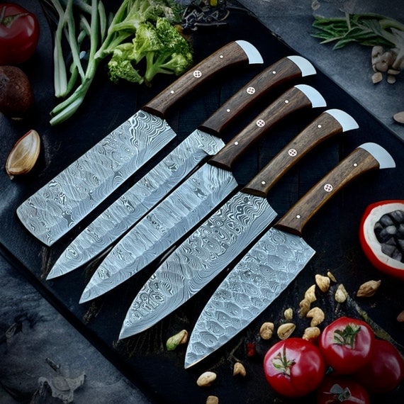 Handmade Damascus Steel Kitchen Knife/set of 5/ Hatchet/ Cleaver/ Vegetable  and Meat Cutting-kds1 