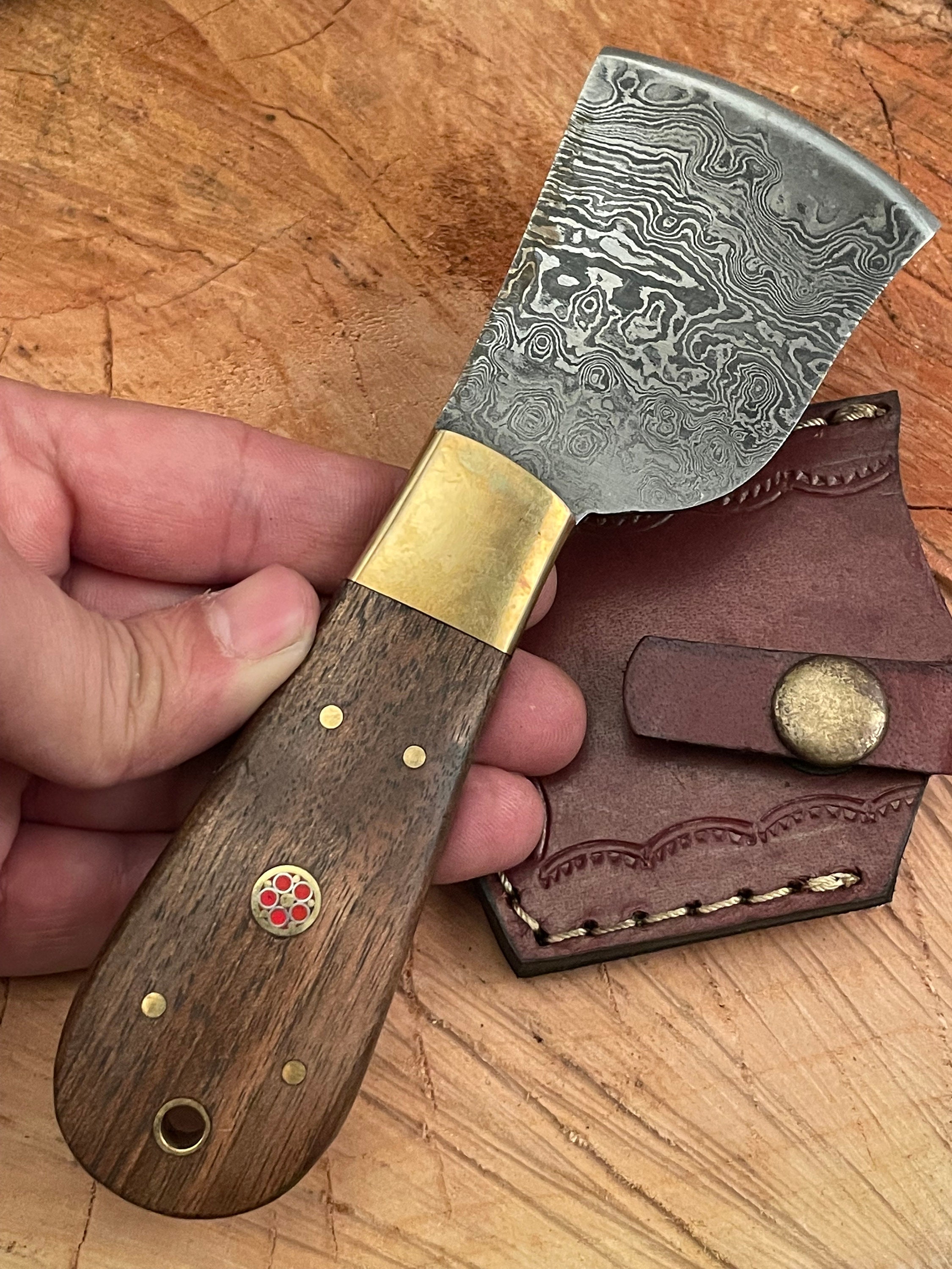 Handmade Leather Cutting Knife-Damascus Steel-Round Head Tool-Leather  Sheath