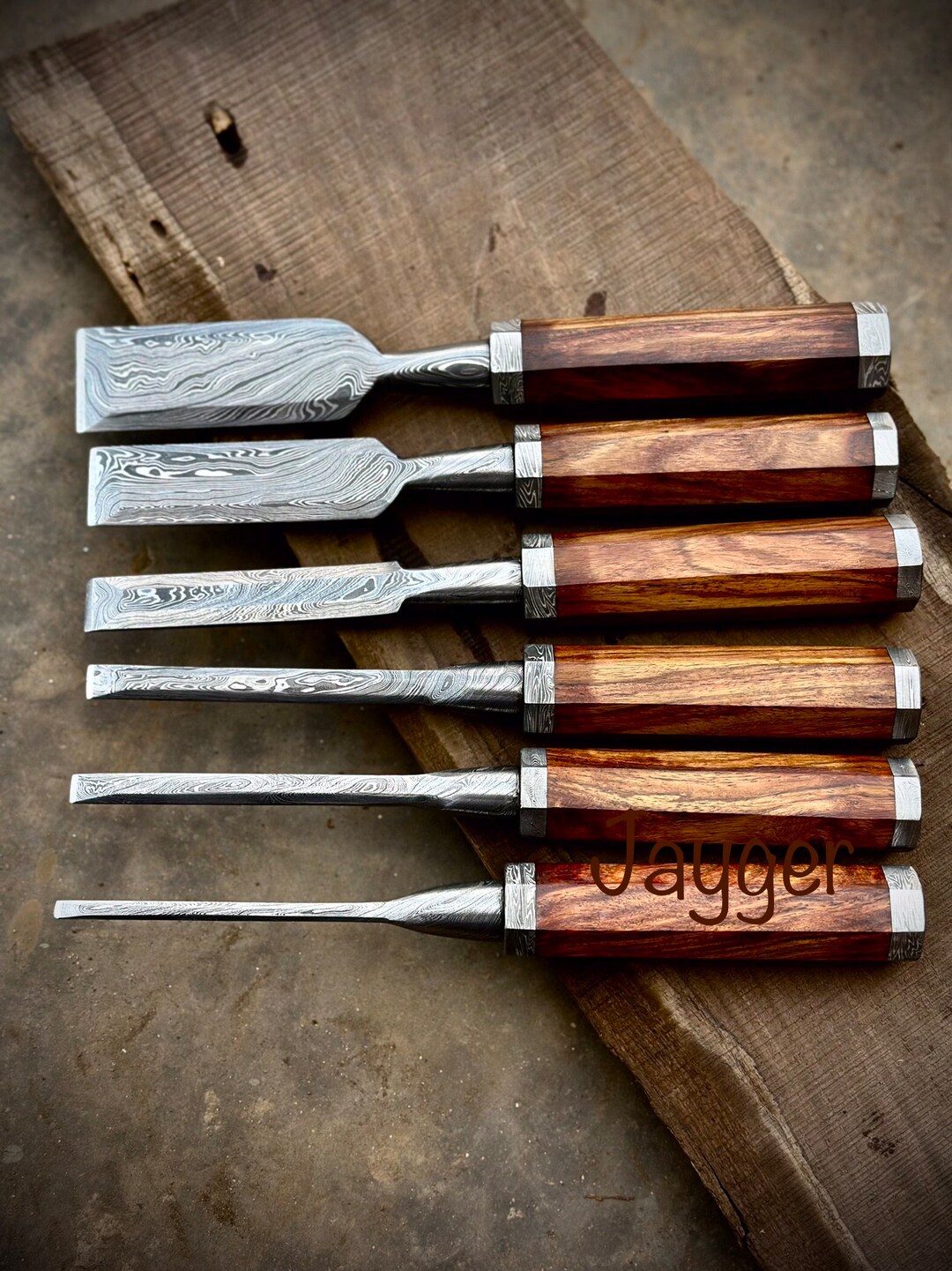Handmade Damascus Steel Chisel Set of 6 Wood Handle Damascus Spacers