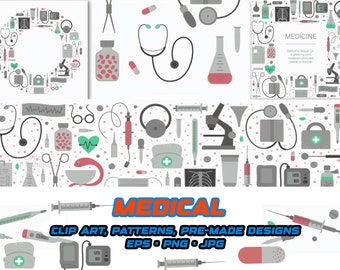 Medical Clip Art Bundle, Healthcare Graphics, Seamless Patterns (Digital Download)