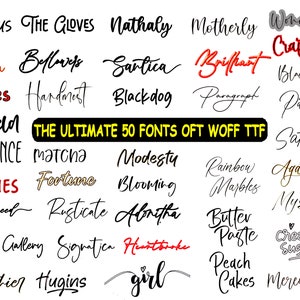 Könnte beinhalten: Eine Sammlung von 50 verschiedenen Schriftarten in Schwarz, Rot, Gold und Weiß. Die Schriftarten werden in einem Rasterformat mit dem Text "THE ULTIMATE 50 FONTS OFT WOFF TTF" in einem gelben Kasten oben angezeigt.