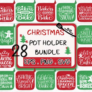 Puede incluir: Un conjunto de 28 diseños de posavasos navideños con varias citas e ilustraciones sobre el tema de la repostería. Los diseños son de color rojo, verde y blanco e incluyen frases como "Bakers Gonna Bake", "Baking Queen" y "Let's Get Baked".