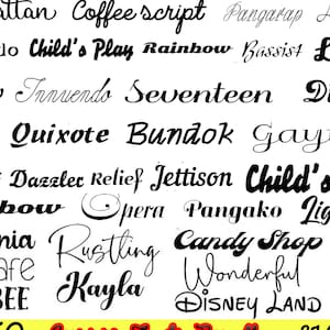 Può includere: Una collezione di nomi di font corsivi scritti in inchiostro nero su sfondo bianco. I nomi includono Manhattan, Coffee Script, Pangarap, Araw, Sigurado, Child's Play, Rainbow, Bassist, Lola, Bughaw, Innviendo, Seventeen, Disco, Makulit, Quixote, Bundok, Gayuma, Lightness, Dazzler, Relief, Jettison, Child's Play, Rainbow, Opera, Pangako, Lightness, California, Rustling, Candy Shop, Bebe, Stay Safe, Kayla, Wonderful, Disney Land e Karmilia.