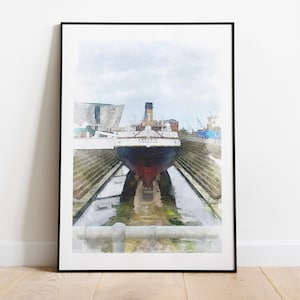 May include: A watercolor painting of a large ship in dry dock. The ship is painted in shades of blue, red, and white. The ship is surrounded by water and a concrete dock. The ship's name, "SS Nomadic", is visible on the side of the ship.