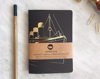 Personalized Titanic Notebook: Gold Foil Illustration, Handmade in Belfast