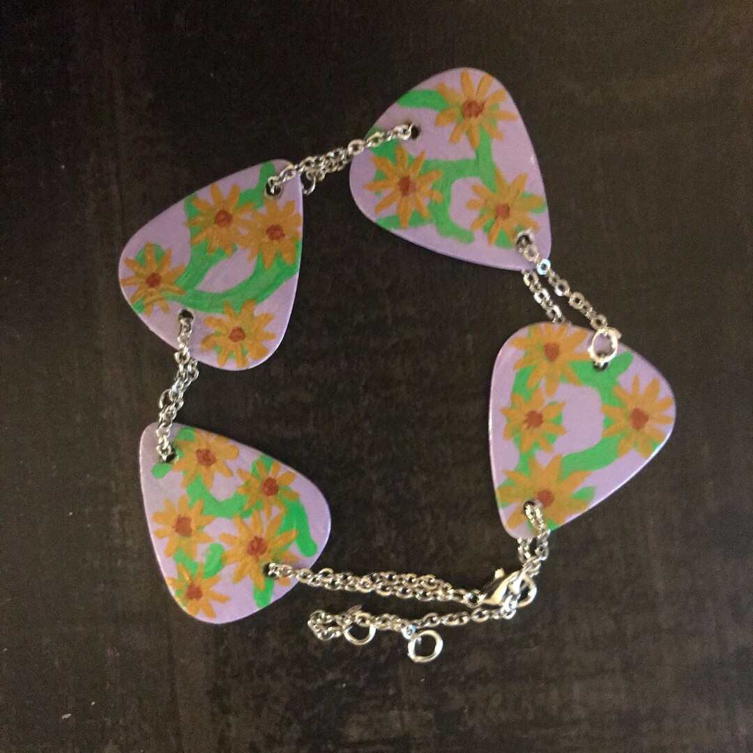 Floral Guitar Pick Charm Bracelet Etsy