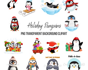 Christmas Penguin PNG Clipart, Holiday Winter Graphics (Digital Download)