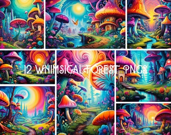 Whimsical Forest & Mushrooms Alice In Wonderland PNG Digital Download of 12 Files