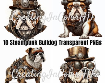 Steampunk Bulldog PNG Digital Download of 10 Files, Clip Art, Sublimation, Transparent Clipart