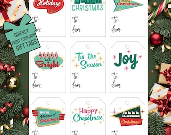 Retro Christmas Gift Tags, Printable Holiday Labels (PDF Download)
