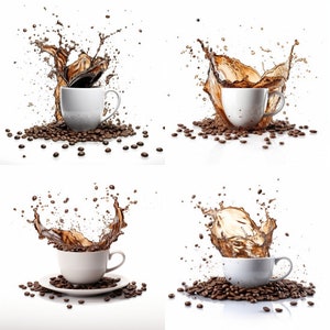 May include: Four white coffee cups with coffee splashing out of them. Each cup is surrounded by coffee beans on a white background.