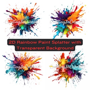 2D kleurrijke regenboog verf Splatter transparante achtergrond PNG bundel digitale download, clip art, sublimatie, artwork