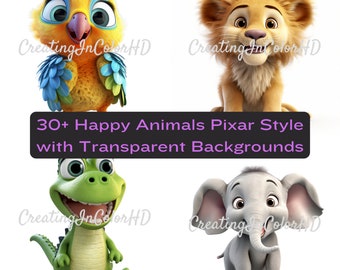 Schattige babydieren Pixar Style PNG Digitale download van 30+ bestanden met transparante achtergronden, illustraties, sublimatie, transparante clipart