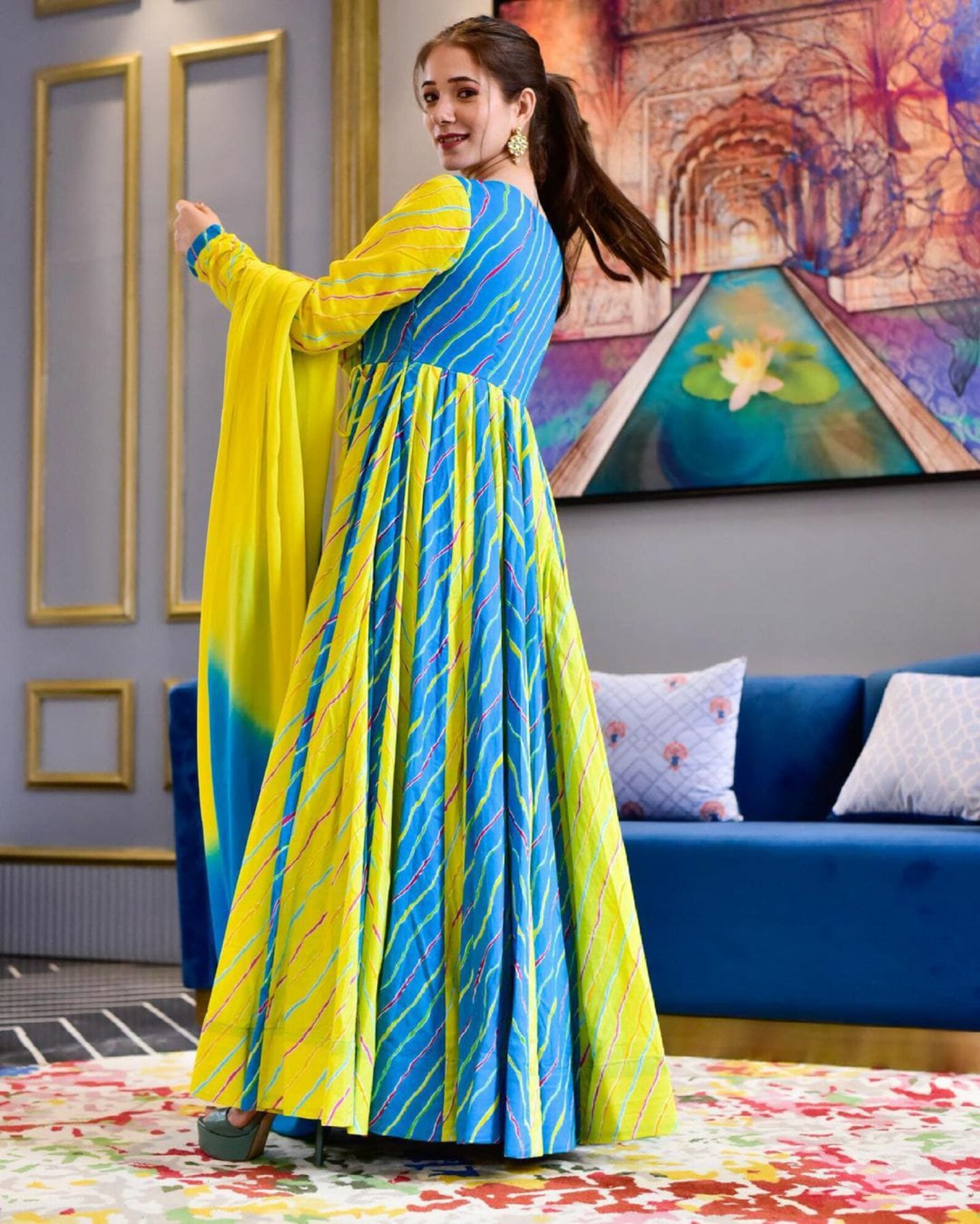 Designer Heavy Cotton Lehariya Full Frail Long Gown & Chiffon Etsy