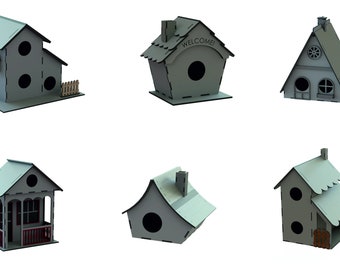 May include: Six different wooden birdhouse designs, each with a unique style and features. The birdhouses are painted in a light gray color and have various details like chimneys, porches, and windows.