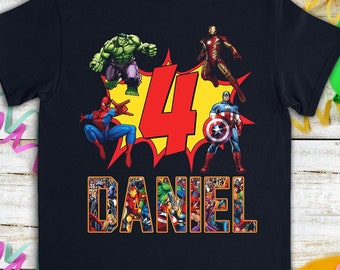Boy’s Embroidered Super Hero Birthday Shirt Custom shirt Applique Number with Superhero and Name