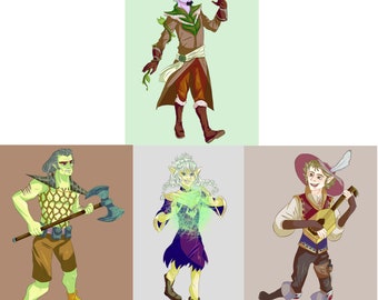 May include: Digital illustration of five fantasy characters. A purple-skinned figure in brown and green clothing holds a bird. Other characters include a warrior with an axe, a sorceress, and a musician playing a lute.
