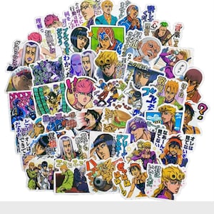 May include: A collection of colourful anime-style stickers featuring various characters and Japanese text. The stickers showcase a variety of poses and expressions, with vibrant colours and detailed artwork. The stickers are arranged in a pile.