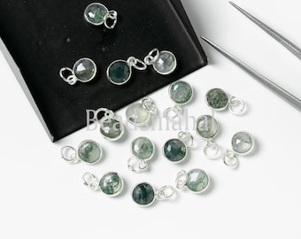 Dainty Moss Agate Pendant, Natural Moss Agate 6 mm Round Shape Silver Bezel Pendant, Moss Agate Coin Shape Jewelry, Tiny Gemstone Pendant