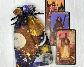 Celestial Tarot Bag, Drawstring Pouch, Tarot Deck Storage Holder, Standard Tarot, Moons Planet Witchcraft Wiccan Divination Gifts & Supplies