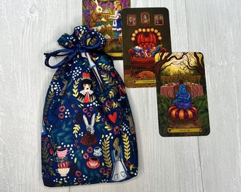 Alice's Adventures in Wonderland Tarot Bag, Wonderland Tarot Deck Bag, Cat White Rabbit Tarot, Navy Blue Tarot Bag