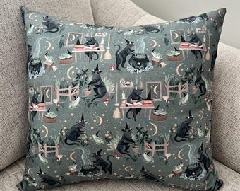 Witchy Throw Pillow, Witchy Black Cat Pillow Case & Insert, Halloween Home Decor, 18x18 Handmade Pillow Cover