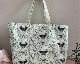 Mint Green Lunar Moth Tote Bag With Pockets, Shoulder Bag, Witchy Tarot Tote Bag, Overnight Tote Bag, Witch Bag