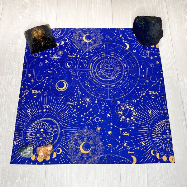 Blue & Gold Celestial Altar Cloth, Astrological Tarot Cloth, Tarot Reading Supplies and Accessories, Rune Casting Cloth, Tarot Reader Gift