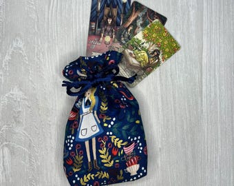 Mini Alice's Adventures in Wonderland Tarot Bag, Wonderland Tarot Deck Bag, Cat White Rabbit Pocket Tarot Bag, Navy Blue Trinket Dice Bag
