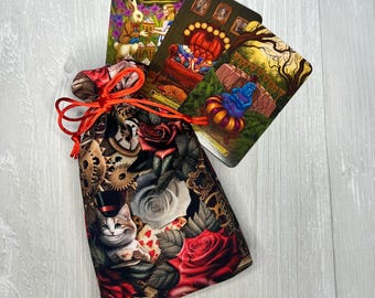 Wonderland Tarot Deck Bag, Alice's Adventures in Wonderland Tarot Bag, Cat White Rabbit Tarot, Red Tarot Pouch