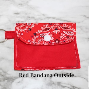 Pañuelo rojo / Mini llavero con tarjetero hecho a mano - 2 bolsillos / Tela 100 % algodón