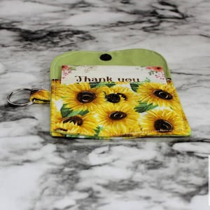 Llavero con forma de minitarjetero de girasoles, hecho a mano, 2 bolsillos, 100 % algodón