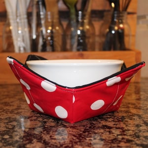 Red Poke Dot | Microwave Bowl Cozy | Reusable Hot Bowl Holder | Fits 6” Soup & Cereal Bowls | Machine Washable | Gift-Ready