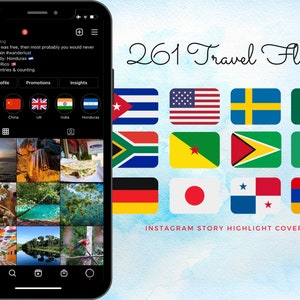 Puede incluir: Un collage de 261 banderas de viaje dispuestas en un patrón de cuadrícula. Las banderas están dispuestas en filas y columnas, con cada bandera representando un país diferente. Las banderas son coloridas y vibrantes, y son una excelente manera de representar la diversidad del mundo. El texto "261 Travel Flags" se muestra en la parte superior de la imagen, y el texto "INSTAGRAM STORY HIGHLIGHT COVERS" se muestra en la parte inferior de la imagen.
