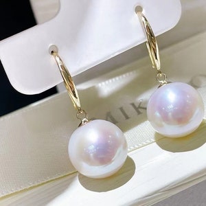 Customized 18K Solid Gold thin dangle earring  with large freshwater pearls  18K Real Gold Au750,
