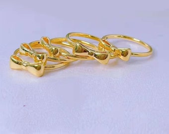 Customized 24K solid gold ring, fine thin band with Bow knot charm ring, real gold ring 0.5 gram