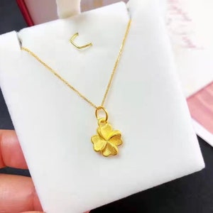 Customized 24K Solid Gold tiny clover pendant, real 18K gold solid chain AU750 solid gold fine chain