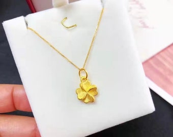 Customized 24K Solid Gold tiny clover pendant, real 18K gold solid chain AU750 solid gold fine chain