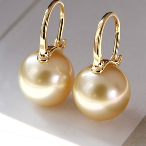 Customized 18K Solid Gold  dangle earrings with south sea golden pearls, 18K Real Gold hoops Au750, saltwater pearls, round pearls