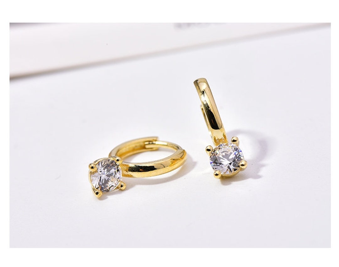 Customized 14K Solid Gold Hoop With 4 Prong Zircon Charm, 14K Real Gold