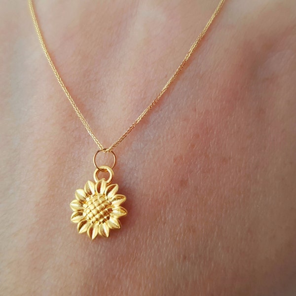 Customized 24K Solid Gold tiny sunflower pendant, real 18K gold solid chain AU750 solid gold fine chain