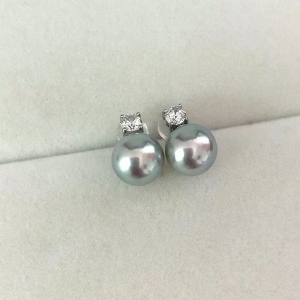 Customized 18K Solid Gold earring studs with Akoya gray pearls  7-7.5mm, 8-8.5mm,  18K Real Gold Au750 zircon, seawater AAAAA pearls