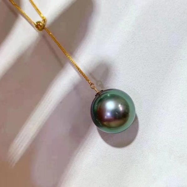 Catena fine personalizzata in oro massiccio 18 carati con pendente di perla verde pavone naturale/collana regolabile in oro massiccio AU750, perla di Tahiti